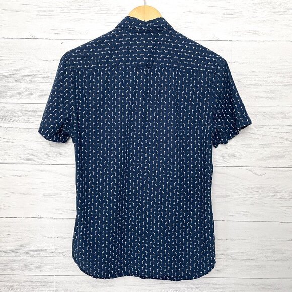 Denim & Flower Men's Navy Blue White Flamingo Print Shirt Button Front Slim S - Picture 2 of 7